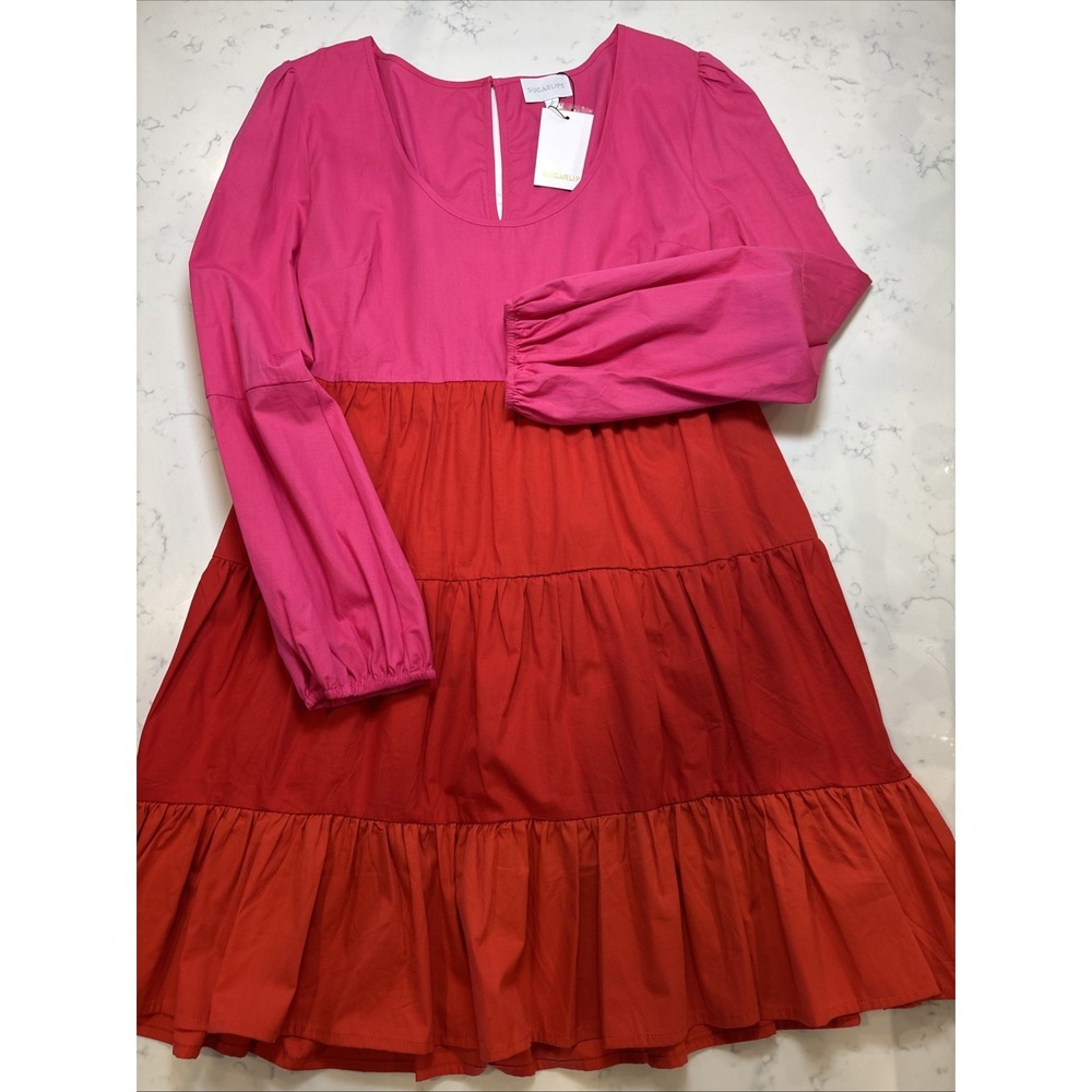 SugarLips In A Heartbeat Color Block Dress Tiered Ruffle Flare Pink Red‎ LG New - Picture 2 of 10